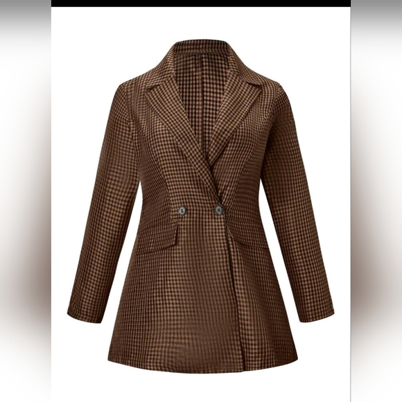 Profesional Brown and Black Checkered Double Breasted Plus Size Blazer - Picture 6 of 7